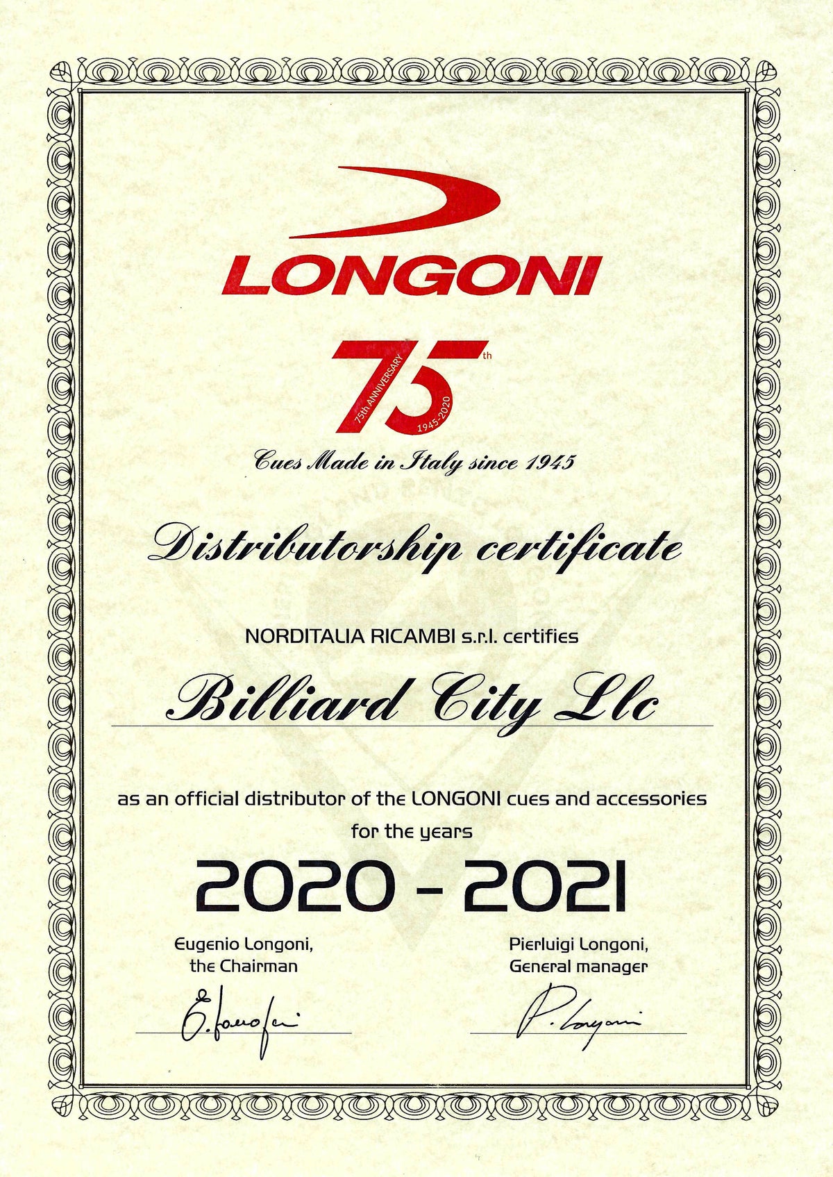 Longoni official distributorship certificate 2020–2021 issued to Billiard City LLC